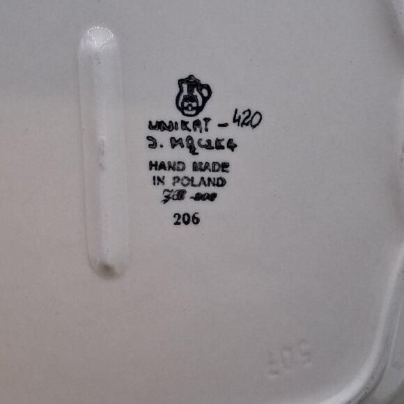 Handmade Polish Pottery Floral Square Plate 10" Scalloped Edge Blue & Coral Flow - Picture 2 of 5